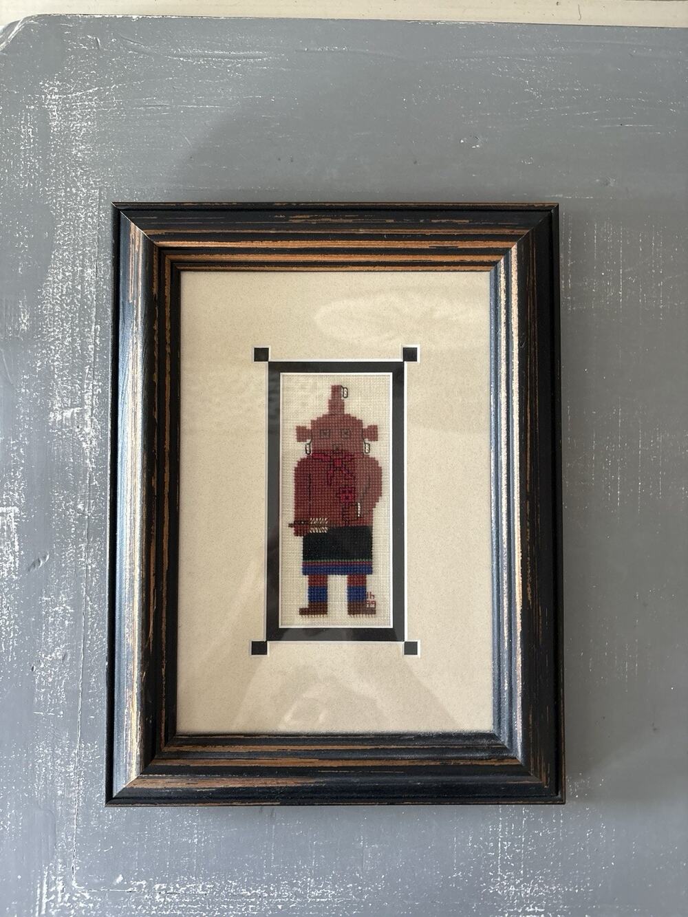 Vintage Southwestern Kachina Counted Cross Stitch Framed Folk Art Wall Decor